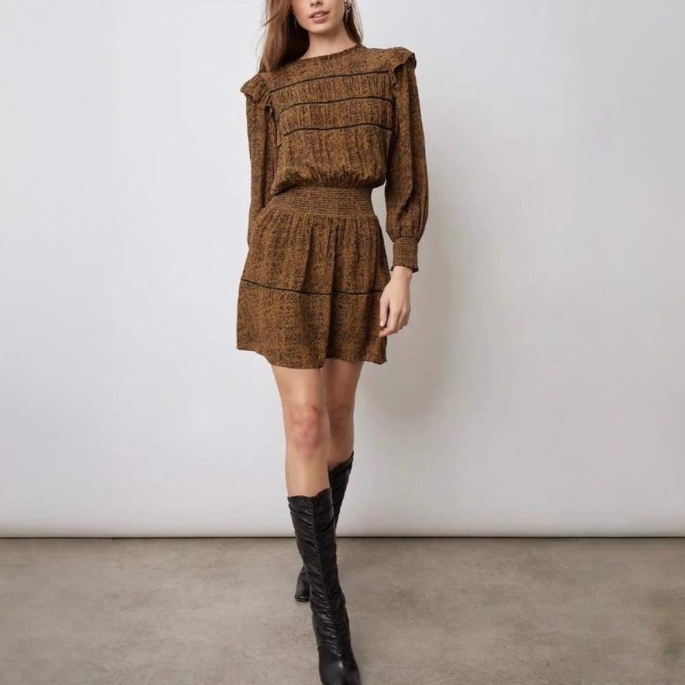Rails Faren Mini Dress Sepia Python Brown Snakeskin Smocked Blouson Ruffle M